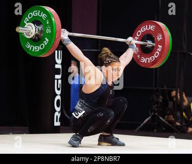 Columbus, Ohio, United States. 3th Mar, 2023. Shelby Pflug snatches 91kgs in the Women's 64kg category at the Rogue Stage in Columbus, Ohio, USA. Credit: Brent Clark/Alamy Live News Stock Photo