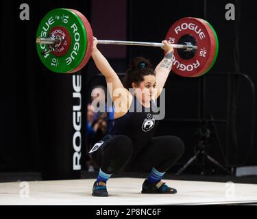 Columbus, Ohio, United States. 3th Mar, 2023. Estelle Rohr snatches 95kgs in the Women's 76kg category at the Rogue Stage in Columbus, Ohio, USA. Credit: Brent Clark/Alamy Live News Stock Photo