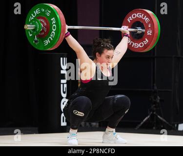 Columbus, Ohio, United States. 3th Mar, 2023. Anna Mcelderry snatches 97kgs in the Women's 76kg category at the Rogue Stage in Columbus, Ohio, USA. Credit: Brent Clark/Alamy Live News Stock Photo