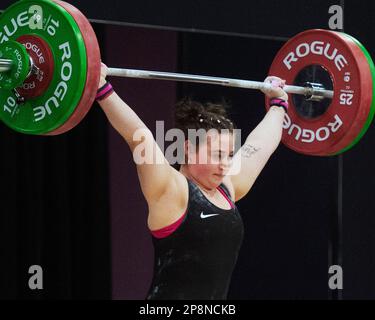 Columbus, Ohio, United States. 3th Mar, 2023. Anna Mcelderry snatches 97kgs in the Women's 81kg category at the Rogue Stage in Columbus, Ohio, USA. Credit: Brent Clark/Alamy Live News Stock Photo