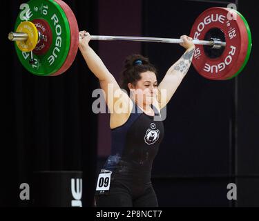 Columbus, Ohio, United States. 3th Mar, 2023. Estelle Rohr snatches 98kgs in the Women's 76kg category at the Rogue Stage in Columbus, Ohio, USA. Credit: Brent Clark/Alamy Live News Stock Photo