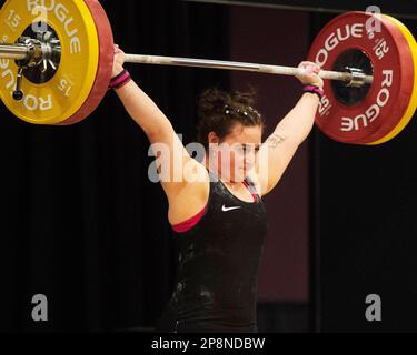 Columbus, Ohio, United States. 3th Mar, 2023. Anna Mcelderry snatches 100kgs in the Women's 81kg category at the Rogue Stage in Columbus, Ohio, USA. Credit: Brent Clark/Alamy Live News Stock Photo