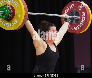 Columbus, Ohio, United States. 3th Mar, 2023. Meredith Alwine snatches 107kgs in the Women's 71kg category at the Rogue Stage in Columbus, Ohio, USA. Credit: Brent Clark/Alamy Live News Stock Photo