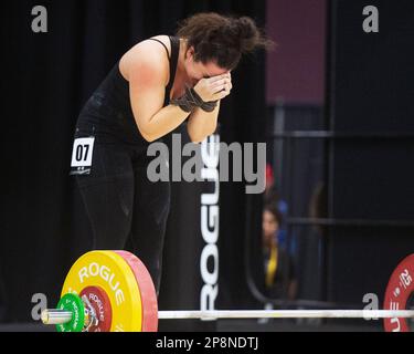 Columbus, Ohio, United States. 3th Mar, 2023. Meredith Alwine snatches 107kgs in the Women's 71kg category at the Rogue Stage in Columbus, Ohio, USA. Credit: Brent Clark/Alamy Live News Stock Photo