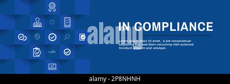 In Compliance web header banner with icon set showing a company passed inspection Stock Vector