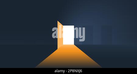 Dark Room, Light Coming In Through an Open Door - New Possibilities, Hope, Overcome Problems, Solution Finding Concept Stock Vector