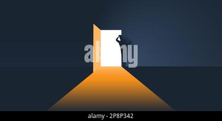 Light Coming Through an Open Door, Business Man Looking Out from a Dark Room - New Possibilities, Hope Concept, Overcome Problems, Solution Finding Stock Vector