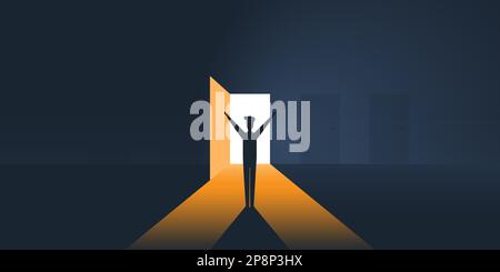Happy Business Man in a Dark Room with Open Door, Light Coming Through - New Possibilities, Hope Concept, Overcome Problems, Solution Finding Stock Vector