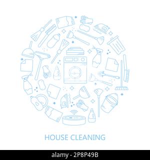 Vector trendy flat cleaning icon set in a circle. Necessary equipment for cleaning indoors and outdoors. Household appliances for cleaning. Stock Vector