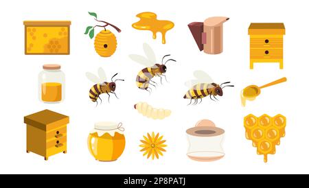 Honey cartoon collection. Beekeeping sweet elements, honeybee beeswax beehive honeycomb, organic bee apiculture products. Vector flat set Stock Vector