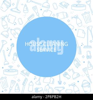 Spring cleaning concept. Background with various cleaning items in a blue stroke and a blue circle with an inscription in the center. Stock Vector