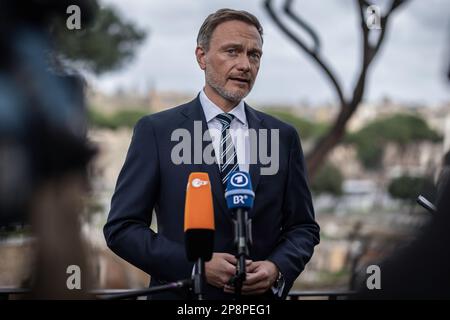 Rom, Italy. 09th Mar, 2023. Christian Lindner, finance minister, talks to journalists during a visit to Rome. Shortly before European Council deliberations, Lindner campaigned for strict EU debt rules regardless of the purpose of the loans. Credit: Oliver Weiken/dpa/Alamy Live News Stock Photo