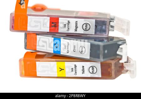 Set of ink printer cartridges on white background Stock Photo