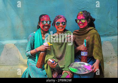 in Sylhet, Bangladesh. 9th Mar, 2023. Children from Tea garden posing for photos painted after adorning with colors like Rainbows on the celebration of the annual Hindu festival of colors, known as Holi festival marking the onset of spring. On 09 March 2023 in Sylhet-Bangladesh (Photo by Md Rafayat Haque Khan/ Eyepix Group/Sipa USA) Credit: Sipa USA/Alamy Live News Stock Photo