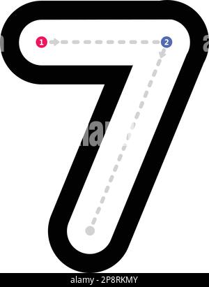 Tracing number 7 prewriting dotted line math worksheet element for kindergarten and preschool kids for handwriting practice activity Stock Vector