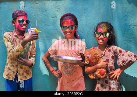 in Sylhet, Bangladesh. 9th Mar, 2023. Children from Tea garden posing for photos painted after adorning with colors like Rainbows on the celebration of the annual Hindu festival of colors, known as Holi festival marking the onset of spring. On 09 March 2023 in Sylhet-Bangladesh (Photo by Md Rafayat Haque Khan/ Eyepix Group/Sipa USA) Credit: Sipa USA/Alamy Live News Stock Photo