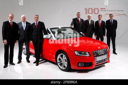 Rupert Stadler, CEO of the German carmaker Audi AG, 3rd from left, poses  prior to a annual press conference with his board member colleagues Frank  Dreves, Michael Dick, Ulf Berkenhagen, Werner Widuckel