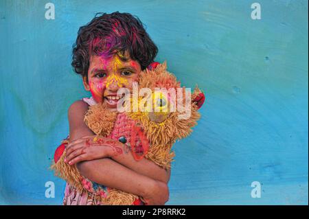 in Sylhet, Bangladesh. 9th Mar, 2023. Children from Tea garden posing for photos painted after adorning with colors like Rainbows on the celebration of the annual Hindu festival of colors, known as Holi festival marking the onset of spring. On 09 March 2023 in Sylhet-Bangladesh (Photo by Md Rafayat Haque Khan/ Eyepix Group/Sipa USA) Credit: Sipa USA/Alamy Live News Stock Photo