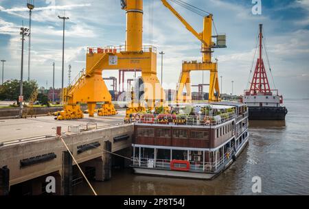 The luxury river cruise ship 'Lan Diep' moored at Phnom Penh Container Port in Cambodia. The ship operates between Phnom Penh and Ho Chi Minh City in Stock Photo
