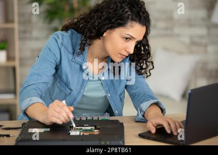 young technician woman repairing computer Stock Photo