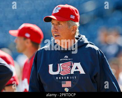 Team USA manager Davey Johnson (R) chats with Derek Jeter between innings  during their game against Team Venezuela in Round 1 of the World Baseball  Classic at the Rogers Center in Toronto