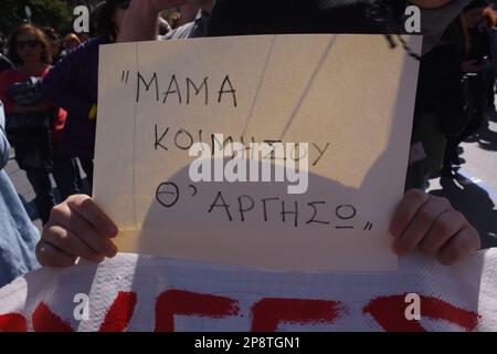 Athens, Attiki, Greece. 8th Mar, 2023. The placard refers to the last message that send a passenger to his mother ''Mom go to sleep, I am going to be late.'' People who expressed their anger over the tragic train collision in Tempi, have responded to the call of Associations, Unions and collectives and had''flood'' the streets of Athens, demonstrating with a request for safety in transportation, in the city centre. (Credit Image: © Dimitrios Karvountzis/Pacific Press via ZUMA Press Wire) EDITORIAL USAGE ONLY! Not for Commercial USAGE! Stock Photo
