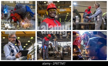 Production Manager Using Digital Tablet. Two Multiracial Coworkers Talking in a Train Factory. Welders With Torch. Welding Sparks Of Molten Metal. Stock Photo