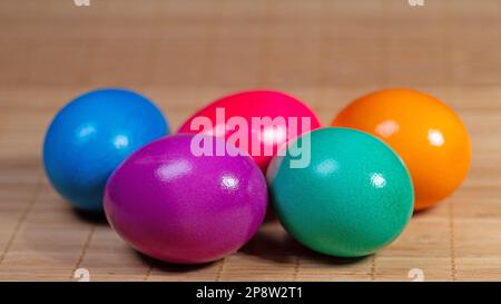 Colorful chicken eggs in a close up Stock Photo