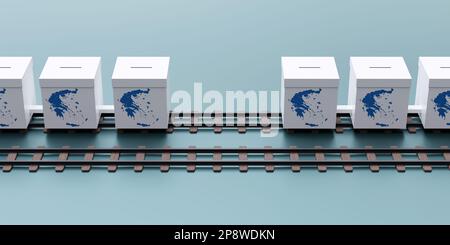 Call me when you arrive. Election in Greece train collision dead children. Greek map at Ballot Box on railway on blue background. Above view. 3d rende Stock Photo