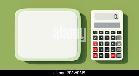 Calculator white digital, zero screen and empty framed board on pastel green background. Advertise template, space for text. 3d render Stock Photo