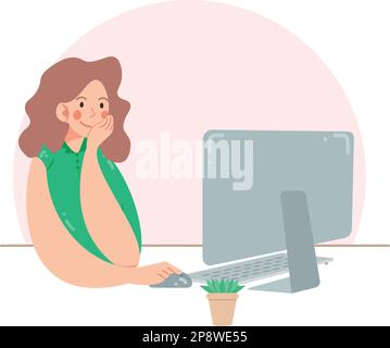 Young woman works at the computer. Freelancer or office worker sitting with computer and flower in a pot. Girl is thinking and smiling with pleasure o Stock Vector