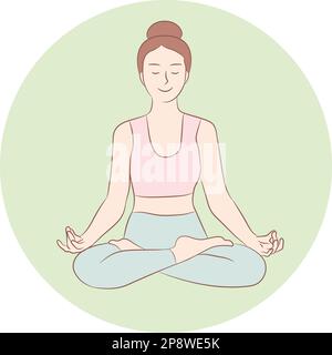 Young woman is sitting in lotus position with closed eyes and smile. Girl doing yoga and meditating. Selfcare and inner harmony. Meditation and health Stock Vector