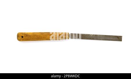 Old used file with wooden handle isolated on white background Stock Photo