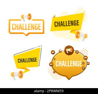 Megaphone label set with text challenge. Megaphone in hand promotion banner. Marketing and advertising Stock Vector