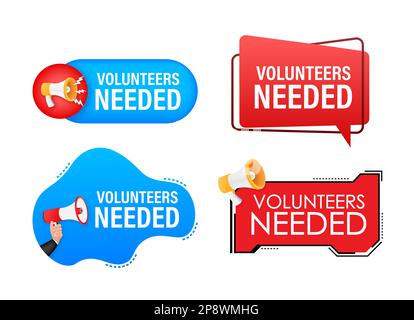 Megaphone label set with text Volunteers Needed. Megaphone in hand promotion banner. Marketing and advertising Stock Vector