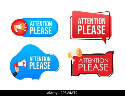 Megaphone label set with text attention please. Megaphone in hand promotion banner. Marketing and advertising Stock Vector