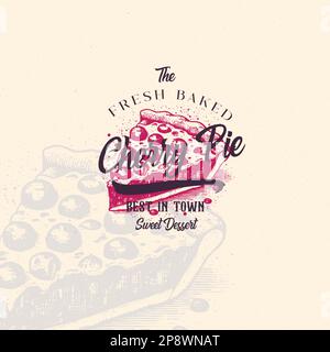 Cherry Pie Premium Quality Pastry Shop Abstract Sign, Symbol or Logo Template. Hand Drawn Sweet with Typography. Bakery Vector Emblem Concept Stock Vector