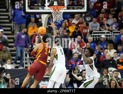 MAR 09 2023: Iowa State guard Tamin Lipsey (3) drives to the basket against Baylor forward Jalen Bridges (11) in the Big 12 Championship Tournament at T-Mobile center, Kansas City, Missouri. Jon Robichaud/CSM. Stock Photo