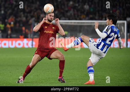 Roma, Italy. 09th Mar, 2023. Bryan Cristante of AS Roma and David Silva of Real Sociedad during the Europa League football match between AS Roma and Real Sociedad at Olimpico stadium in Roma (Italy), March 9th, 2023. Photo Andrea Staccioli/Insidefoto Credit: Insidefoto di andrea staccioli/Alamy Live News Stock Photo