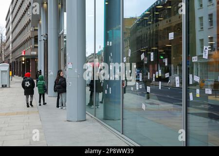 London, UK. 11 February 2023. 'The Media Is The Virus' ITV News building covered in stickers by conspiracy theorists in London. © Waldemar Sikora Stock Photo