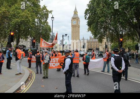 London, UK. 31 October 2022. Just Stop Oil demonstrators block the road in Parliament Square. © Waldemar Sikora Stock Photo