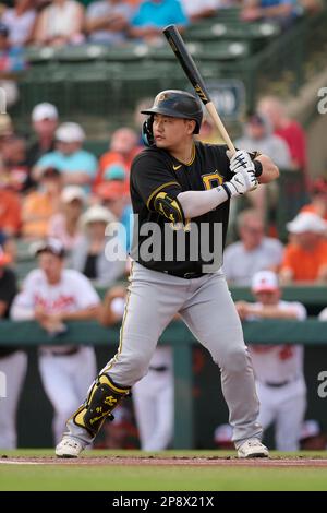 Pittsburgh Pirates Ji-Man Choi (91) bats during a spring training baseball  game against the Baltimore Orioles on March 8, 2023 at Ed Smith Stadium in  Sarasota, Florida. (Mike Janes/Four Seam Images via