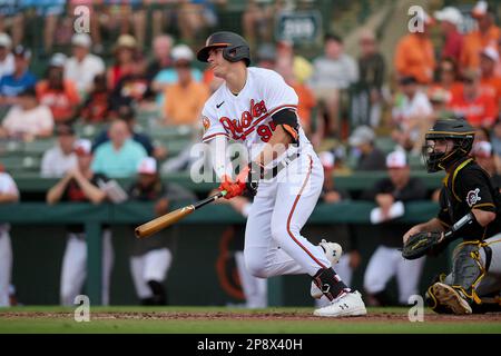 Pittsburgh Pirates Connor Joe (2) bats during a spring training baseball  game against the Baltimore Orioles on March 8, 2023 at Ed Smith Stadium in  Sarasota, Florida. (Mike Janes/Four Seam Images via