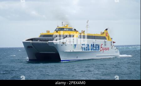 PLAYA BLANCA, LANZAROTE, SPAIN - MARCH 28, 2022:  Fred Olsen Canary Island Ferry Sails Between Playa Blanca Lanzarote and Corralejo Fuerteventura. Stock Photo