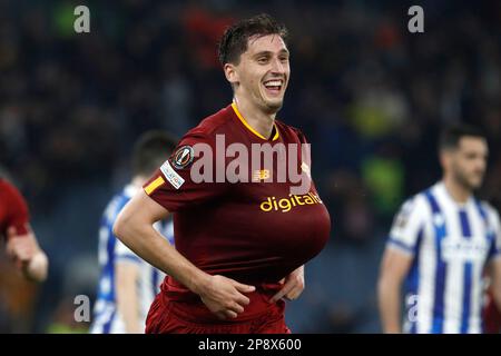 Rome, Italy. 09th Mar, 2023. Marash Kumbulla, of AS Roma, celebrates after scoring the UEFA Europa League round of 16 first leg football match between Roma and Real Sociedad at RomeÕs Olympic stadium, March 09, 2023. Credit: Riccardo De Luca - Update Images/Alamy Live News Stock Photo