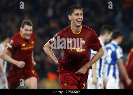 Rome, Italy. 09th Mar, 2023. Marash Kumbulla, of AS Roma, celebrates after scoring the UEFA Europa League round of 16 first leg football match between Roma and Real Sociedad at RomeÕs Olympic stadium, March 09, 2023. Credit: Riccardo De Luca - Update Images/Alamy Live News Stock Photo