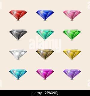 Vector Multi Colored 3d Realistic Transparent Trangle Glowing Gemstones, Diamonds, Crystals, Rhinestones Closeup Isolated. Jewerly Concept. Design Stock Vector