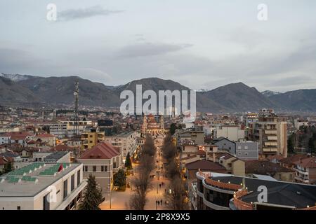 Korce Albania - 01.03.2023 View of the main pedestrian area of Korce Albania leading up to the Resurrection of Christ Orthodox Cathedral viewed from Stock Photo