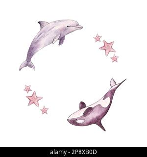 A set of watercolor elements with orca, dolphin and starfish isolated on white background. Hand drawn illustration. Stock Photo