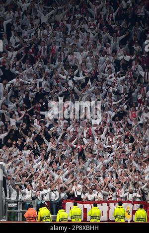 Turin, Italy. 09 March 2023. Fans of SC Freiburg show their support during the UEFA Europa LEague round of 16 football match between Juventus FC and SC Freiburg. Credit: Nicolò Campo/Alamy Live News Stock Photo